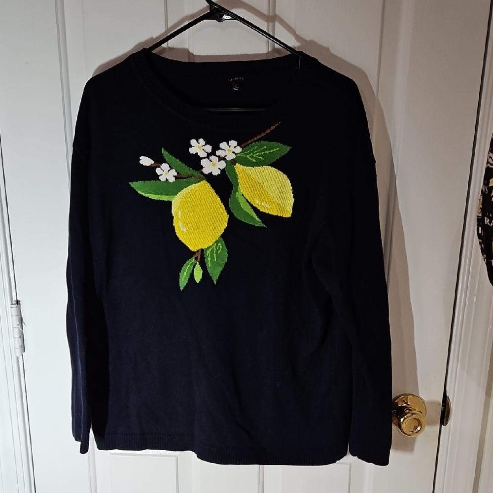 Talbots Navy Sweater with Yellow Lemon Motif
